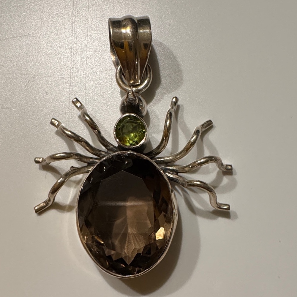 Whimsy Goth , Witchy, Silver Stamped Amber Stone Spider Pendant